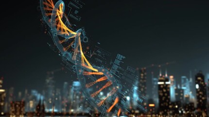 Digital dna helix structure over blurred cityscape at night with illuminated buildings and data overlay - Powered by Adobe