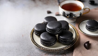 Black Macaron Dessert Recipe With Tea Cup On Table For Sweet Tooth Cravings And Afternoon Tea Party Ideas