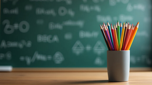 Cup full of colorful pencils on wooden table. Blackboard full of math formulas as background. Concept of education, creativity, learning.