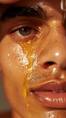 Golden skincare liquid dripping on man's dewy face