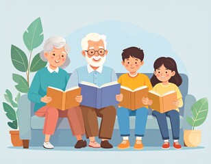 Grandparents and grandchildren reading books together on a couch.
