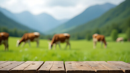 Rustic wooden table in front of blurred green meadow with cows grazing. Country farm concept, natural organic lifestyle.