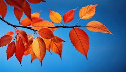 Autumnal Leaves On A Branch With Vibrant Orange And Red Hues Against A Blue Background