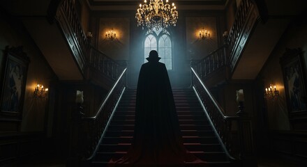 Figure on Staircase in Dark Mansion Interior
