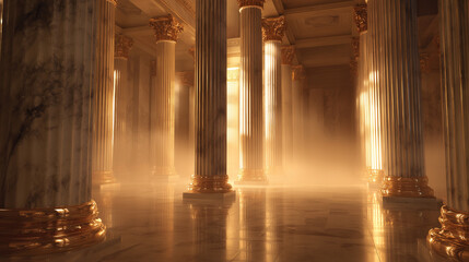 Grand Marble Hall with Golden Light and Massive Classical Columns

