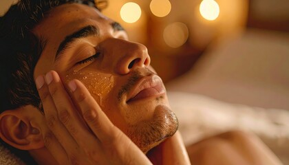 Man relaxing during facial massage at spa