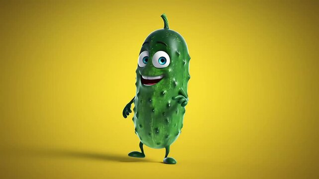 Cartoon pickle with a happy expression on a yellow background