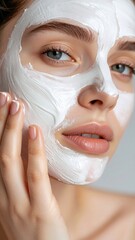Young woman applying white clay mask closeup