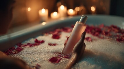 Hand holding pump bottle over bubble bath with petals