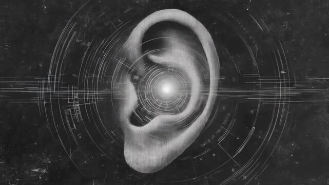 A stylized depiction of an ear, overlaid with intricate digital designs, evokes a sense of technological auditory perception.
