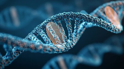 Dna strand with fingerprint overlayed in foreground on a dark blue gradient background scene - Powered by Adobe