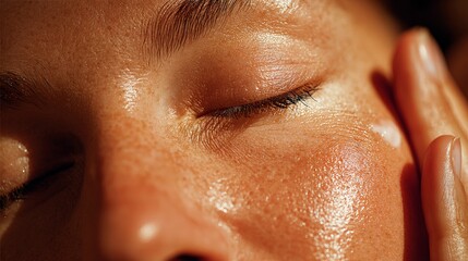 Dewy skin closeup with soft highlight and relaxed expression