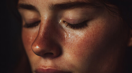 Close-up portrait of a young woman with tear-streaked face and closed eyes, conveying sadness and emotional distress