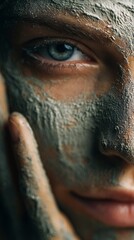 Woman with green clay mask looking into camera
