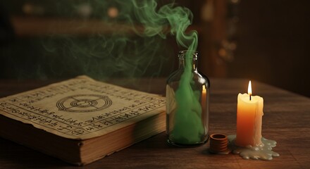 Spell Book with Green Smoke and Candle