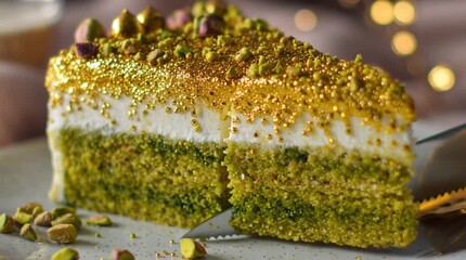 Knife slicing into a slice of pistachio cake with gold sprinkles and cream on a plate close up - Powered by Adobe