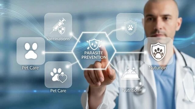 Doctor interacting with digital interface showing pet care and parasite prevention icons around him