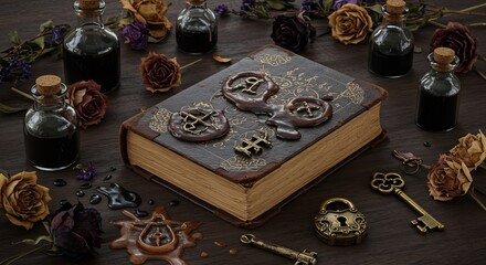 Spell Book, Keys, and Potion Bottles