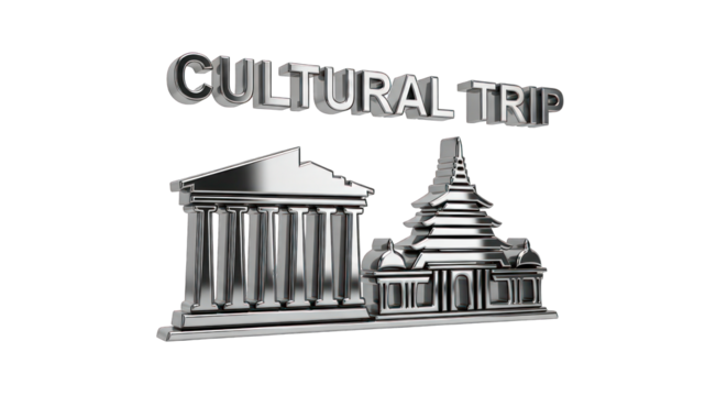Metallic Cultural Trip Text and Architectural Icons.