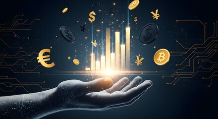 A digital hand reaching upwards, supporting a financial graph with currency symbols and coins.