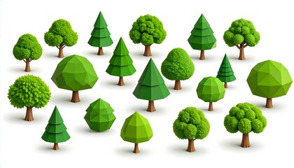 Collection of diverse stylized trees in low-poly style, vibrant green, arranged on a white background, showing various shapes and sizes.