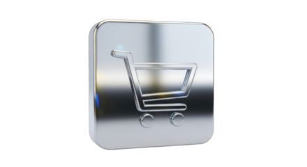 Shiny Metallic Shopping Cart Icon on Square Button.