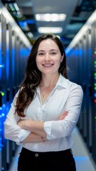 Confident data center engineer standing between server racks