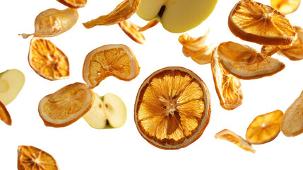 Assortment of dried citrus fruit slices and apple pieces isolated on transparent background