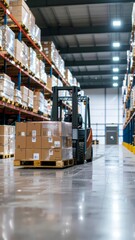 Forklift carrying pallet through wide warehouse aisle
