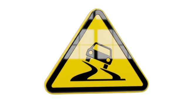 Slippery Road Warning Sign with Car Skidding Symbol.
