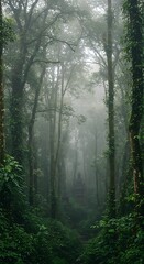 Obraz premium Mystical Temple in Foggy Forest Bali Indonesia.