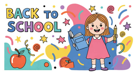 Adobe illustrator artwork vector illustration. A cheerful boy with a backpack, book, and pencil celebrates 