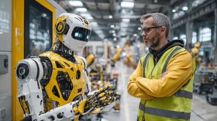 Engineer collaborating with humanoid robot on factory floor