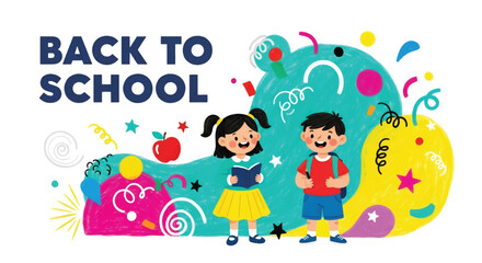 Adobe illustrator artwork vector illustration. Two happy children, a girl reading a book and a boy writing, celebrate "Back to School" amidst colorful abstract shapes and an apple