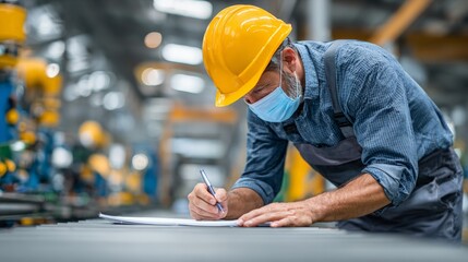 Industrial engineer writing inspection notes on factory table
