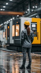 Worker walking through factory with heavy machinery and wet floor