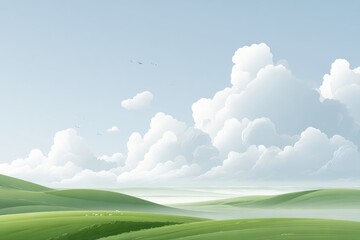 Obraz premium A peaceful landscape featuring green rolling hills and fluffy white clouds against a clear blue sky, evoking a sense of calm and natural beauty.