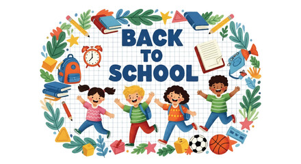 Adobe illustrator artwork vector illustration. A joyful boy with a backpack and book runs towards "Back to School" text, amidst clouds, sunshine, leaves, and flying papers