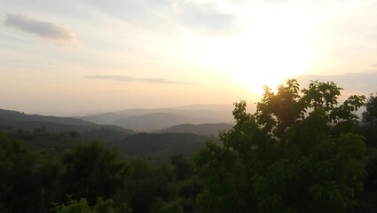 Obraz premium Golden sunset over rolling hills and silhouetted trees serene landscape