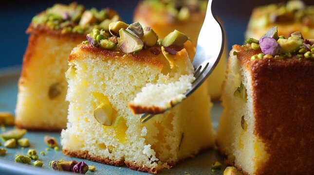 Close up of basbousa cake pieces topped with pistachios and a fork inserted into one piece cake