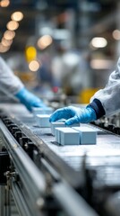 Gloved hands sorting small boxes on a moving conveyor