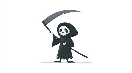 Cute cartoon grim reaper character with a scythe standing and smiling with a white background