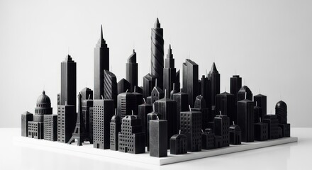 Naklejka premium Monochromatic metropolitan dreamscape: Black architectural silhouette on a bright urban horizon