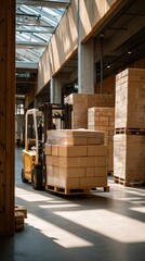 Forklift moving pallet stack in warehouse under skylights