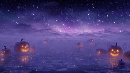 Spooky glowing carved pumpkins float eerily in a misty purple night sky filled with stars