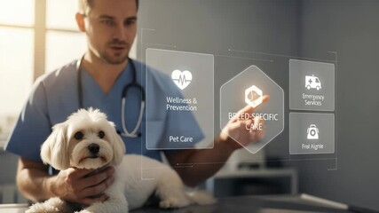 Veterinarian with dog interacting with digital pet care interface in modern office setting view