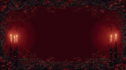 Mysterious dimly lit dark red background with ornate floral border and flickering candlelight creating an atmospheric mood