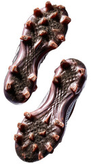 Bottom view of a pair of dark soccer cleats with studs on isolated transparent background