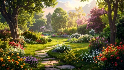 A vibrant garden path winds through a colorful flower-filled landscape bathed in golden sunlight, showcasing a variety of blossoms and lush greenery.