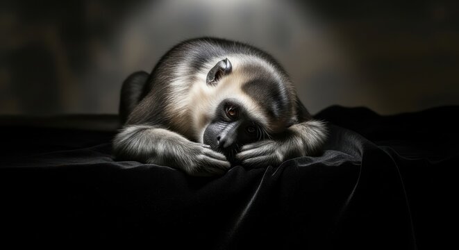 Portrait of a pensive monkey resting its head in its hands against a dark backdrop - Powered by Adobe